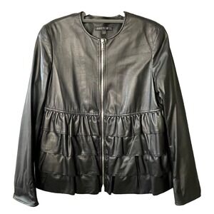 Lafayette 148 Jacket Size 6 Black Leather Full Zip Ruffled Quiet Luxury Designer